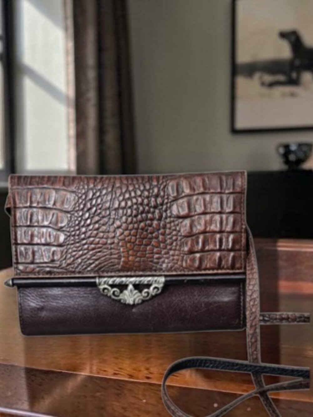 Brighton Vintage Croc Embossed Leather Y2K Organizer Wallet Crossbody Bag Brown